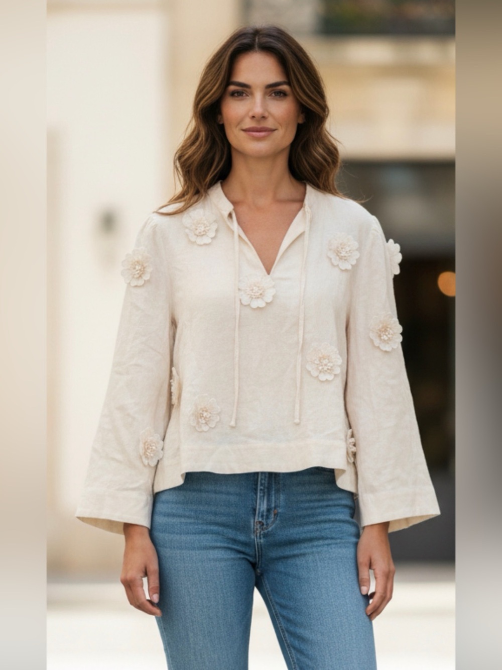 Women's Cream Floral Appliqué Tie-Neck Blouse